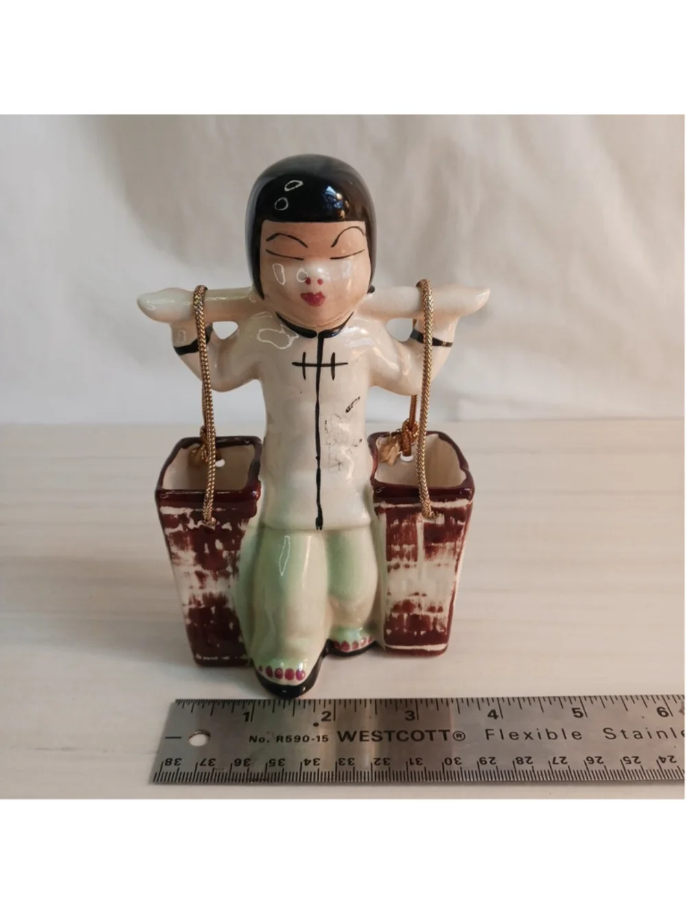 Vintage Ceramic Asian Child Carrying Yoke w Bucket Toothpick Holder Planter